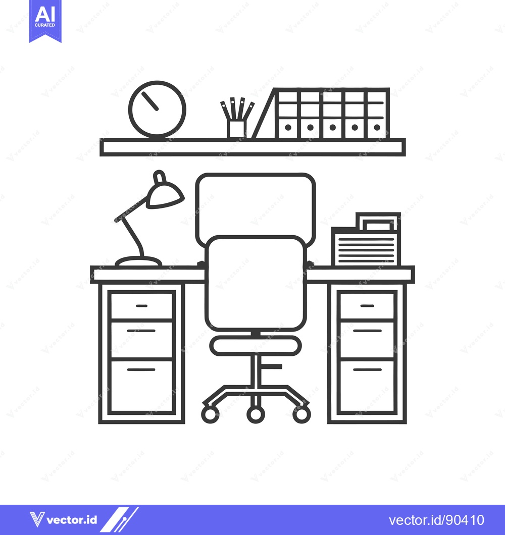 Premium Vector of Outline Illustration of a Desk with a Chair and Office Supplies