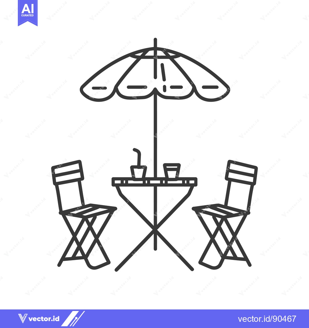 Premium Vector dari Outline illustration of a picnic table and chairs under an umbrella