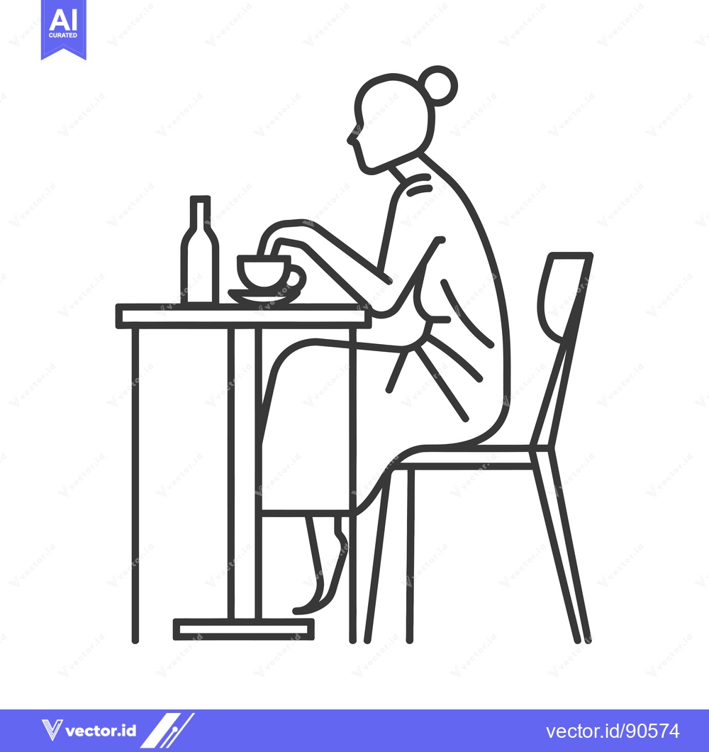 Premium Vector dari Outline Illustration of a Woman Sitting at a Table with a Cup and Bott