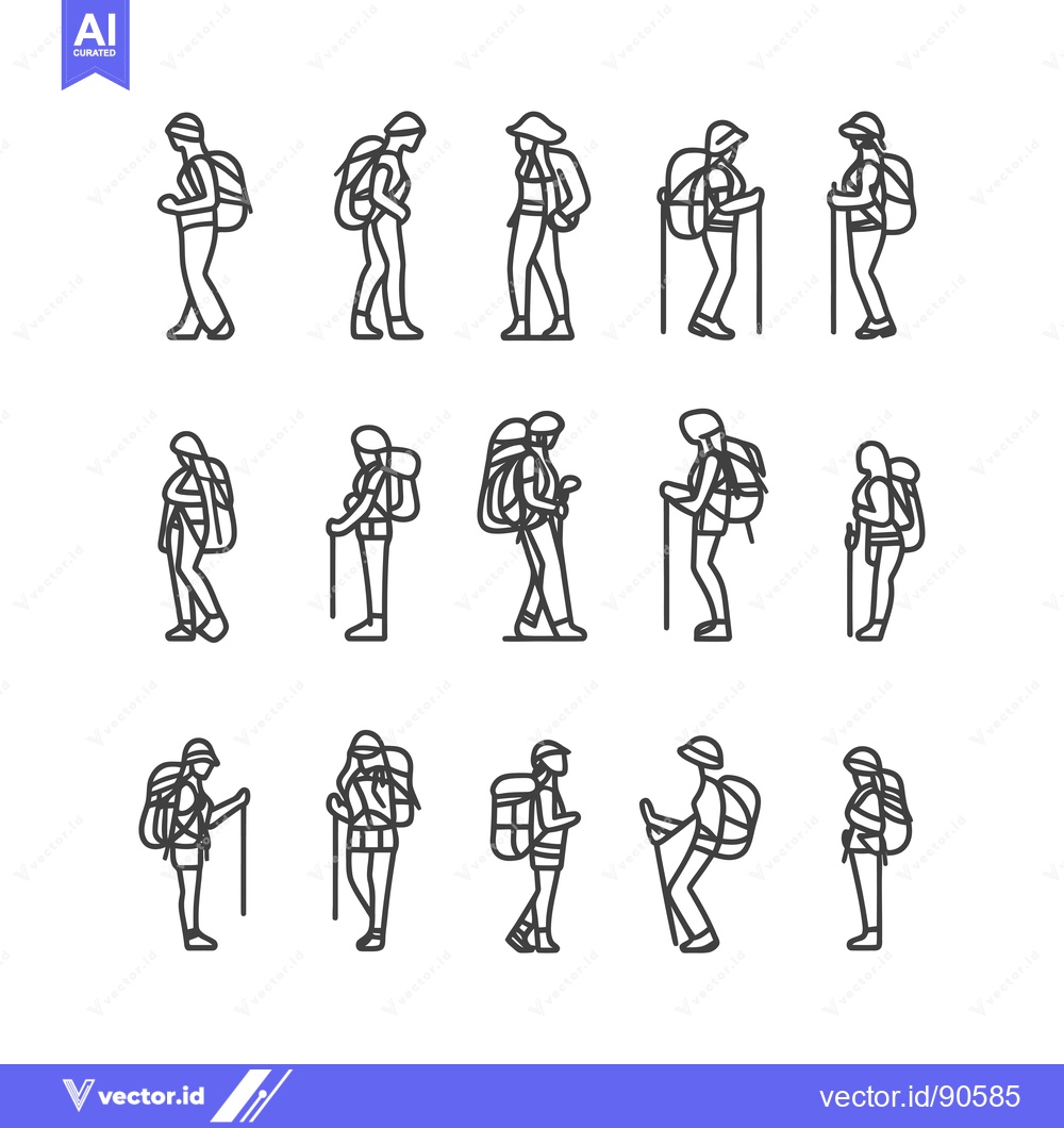Premium Vector of Outline Illustrations of Hikers with Backpacks and Trekking Poles