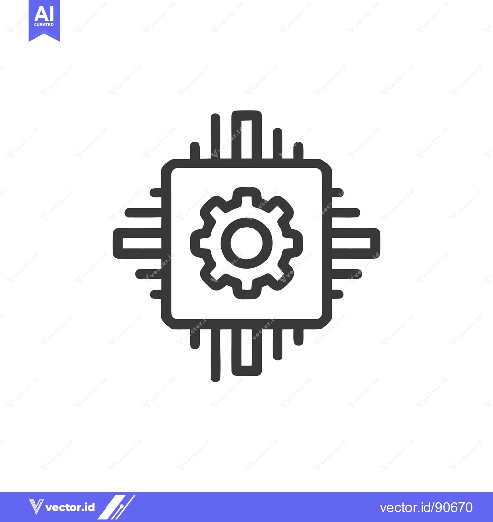 Premium Vector dari Stylized CPU Icon with Gear, Black Outline on White Background