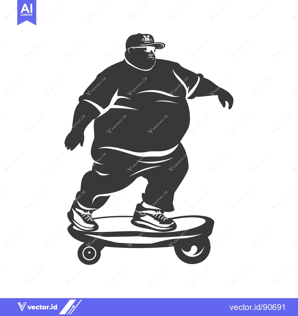 Premium Vector dari Overweight Man in a Hat Riding a Skateboard