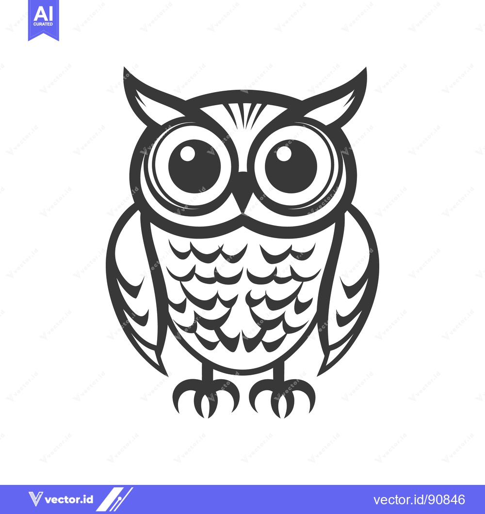 Premium Vector of A black and white illustration of a cartoon owl standing upright