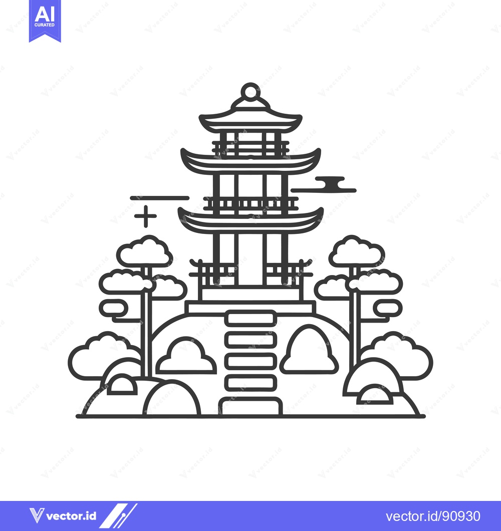 Premium Vector dari Pagoda on a Hill with Surrounding Trees and Clouds