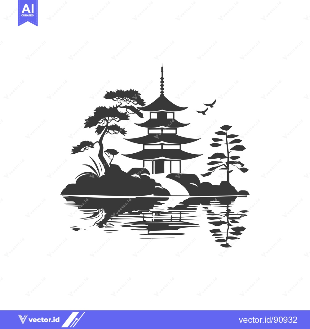 Premium Vector dari Pagoda Silhouette with Trees and Reflection on Water