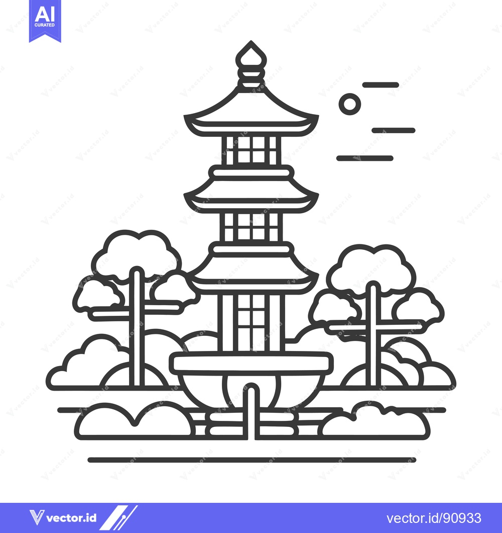 Premium Vector dari Pagoda Structure with Trees and Clouds in Outline Style