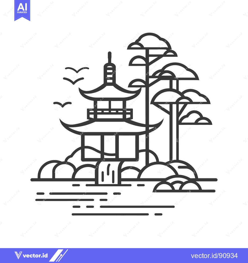Premium Vector dari Pagoda Structure with Waterfall and Birds in a Minimalist Style