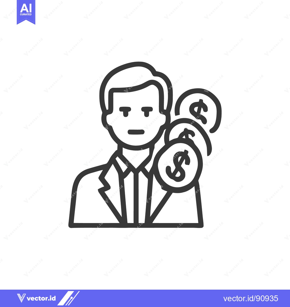 Premium Vector of Businessman with Dollar Coins Icon, Financial Success Concept, Line Ar