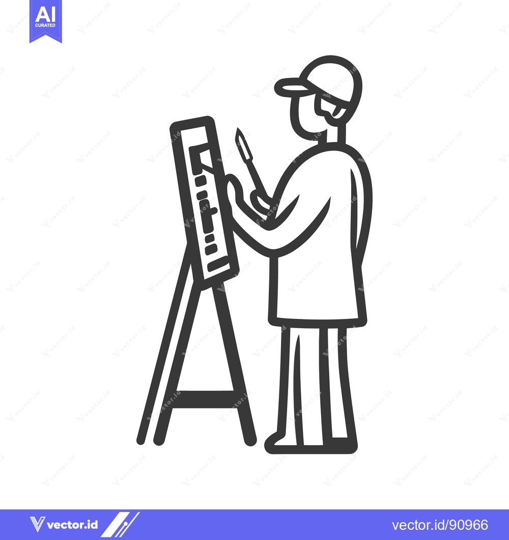 Premium Vector of An artist in cap is painting on a canvas with a palette knife