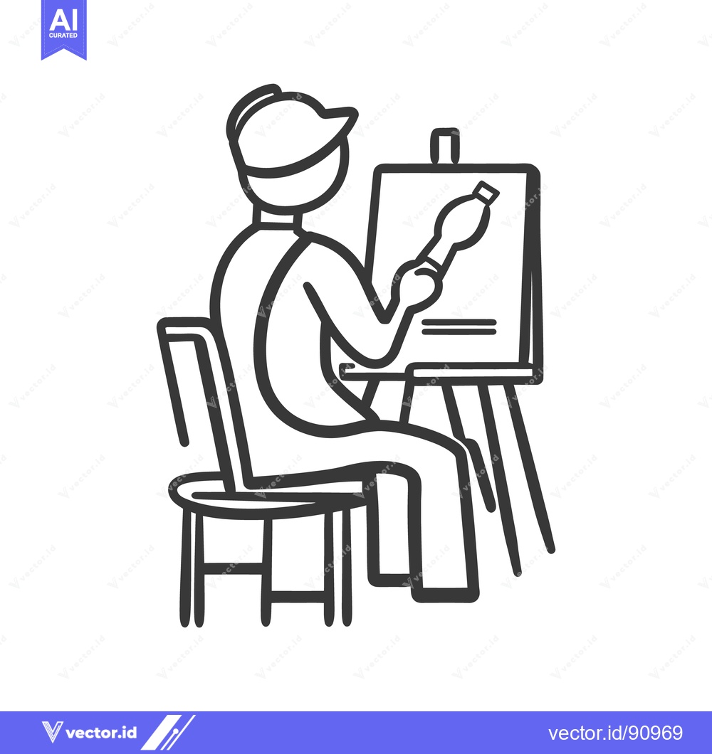 Premium Vector dari An artist sitting on a chair painting on a canvas with a brush