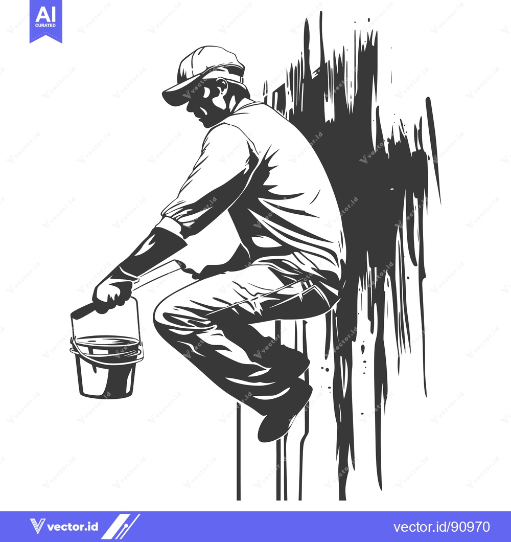 Premium Vector of Painter with Bucket Leaning on Wall