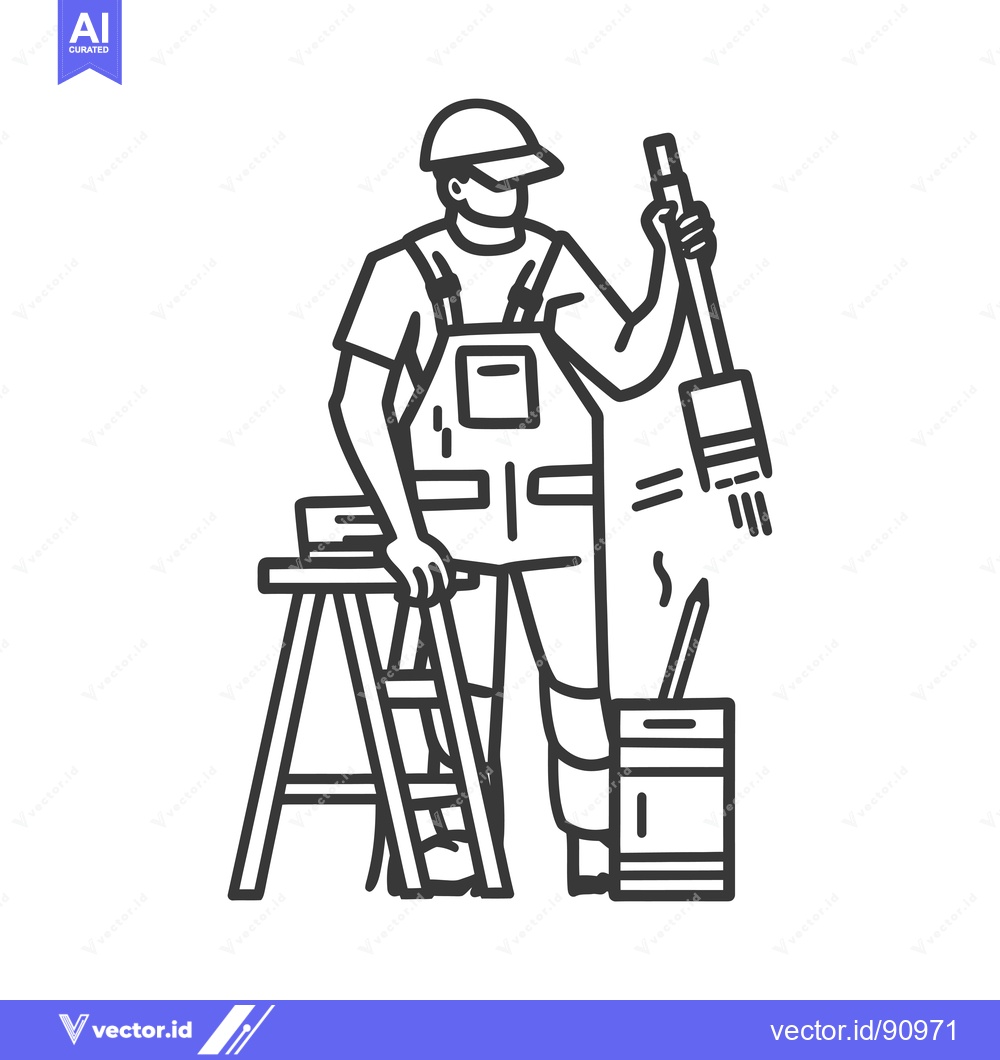 Premium Vector dari Painter with Ladder and Paint Can Line Drawing