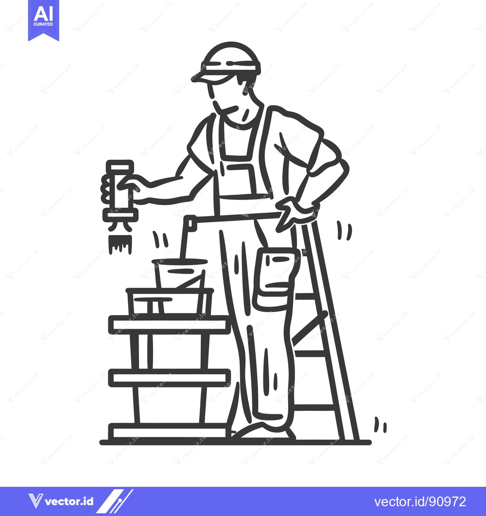 Premium Vector dari Painter Working on a Ladder with Tools and a Paint Can