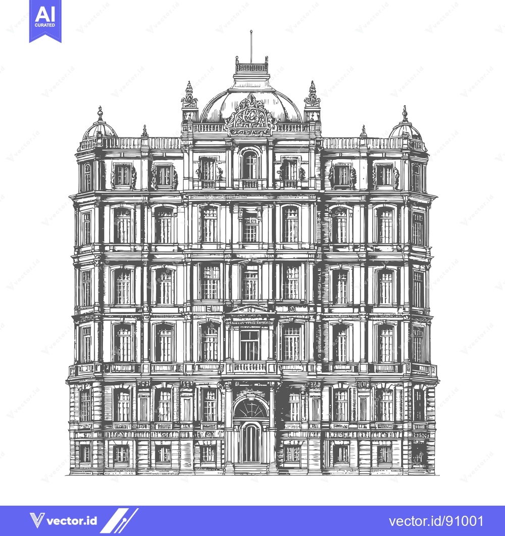 Premium Vector dari A detailed architectural rendering of a grand historic building facade