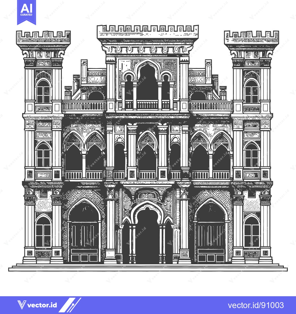 Premium Vector dari An elaborate ornate building with towers and arched architectural deta