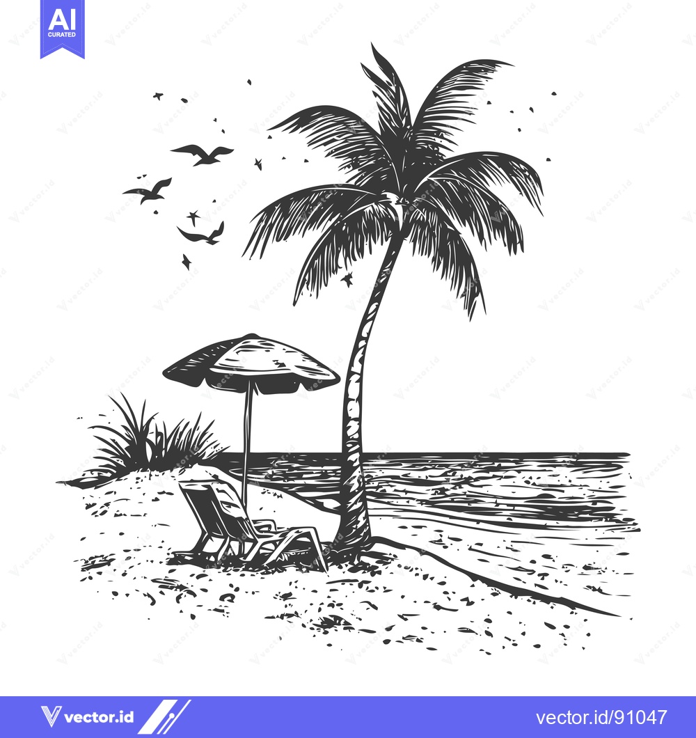 Premium Vector dari Palm Tree Beach Scene with Lounger and Umbrella