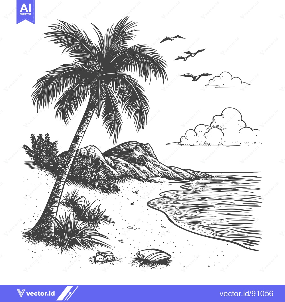 Premium Vector dari Palm Tree on a Beach with Birds Flying Overhead