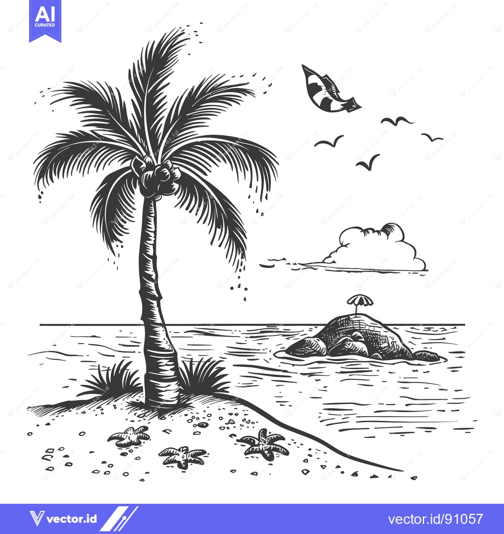 Premium Vector dari Palm Tree on a Tropical Beach with a Small Island in the Distance