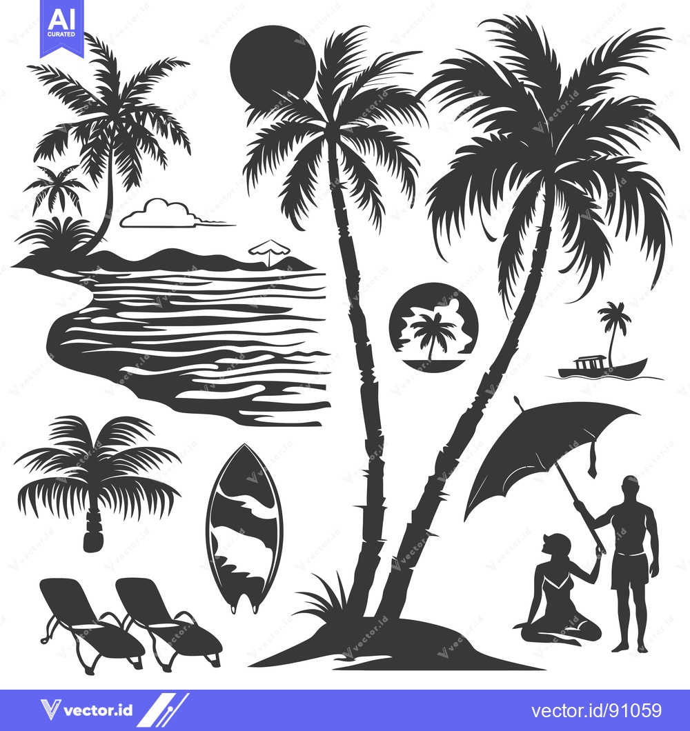 Premium Vector dari Palm Trees, Beach, and People Silhouettes on a White Background