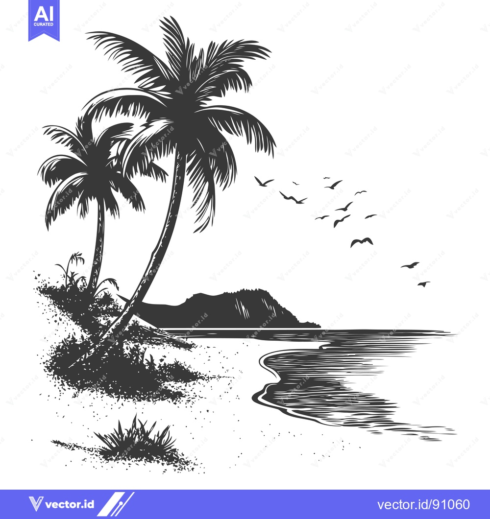 Premium Vector of Palm Trees on a Beach with Mountains and Birds Flying Overhead