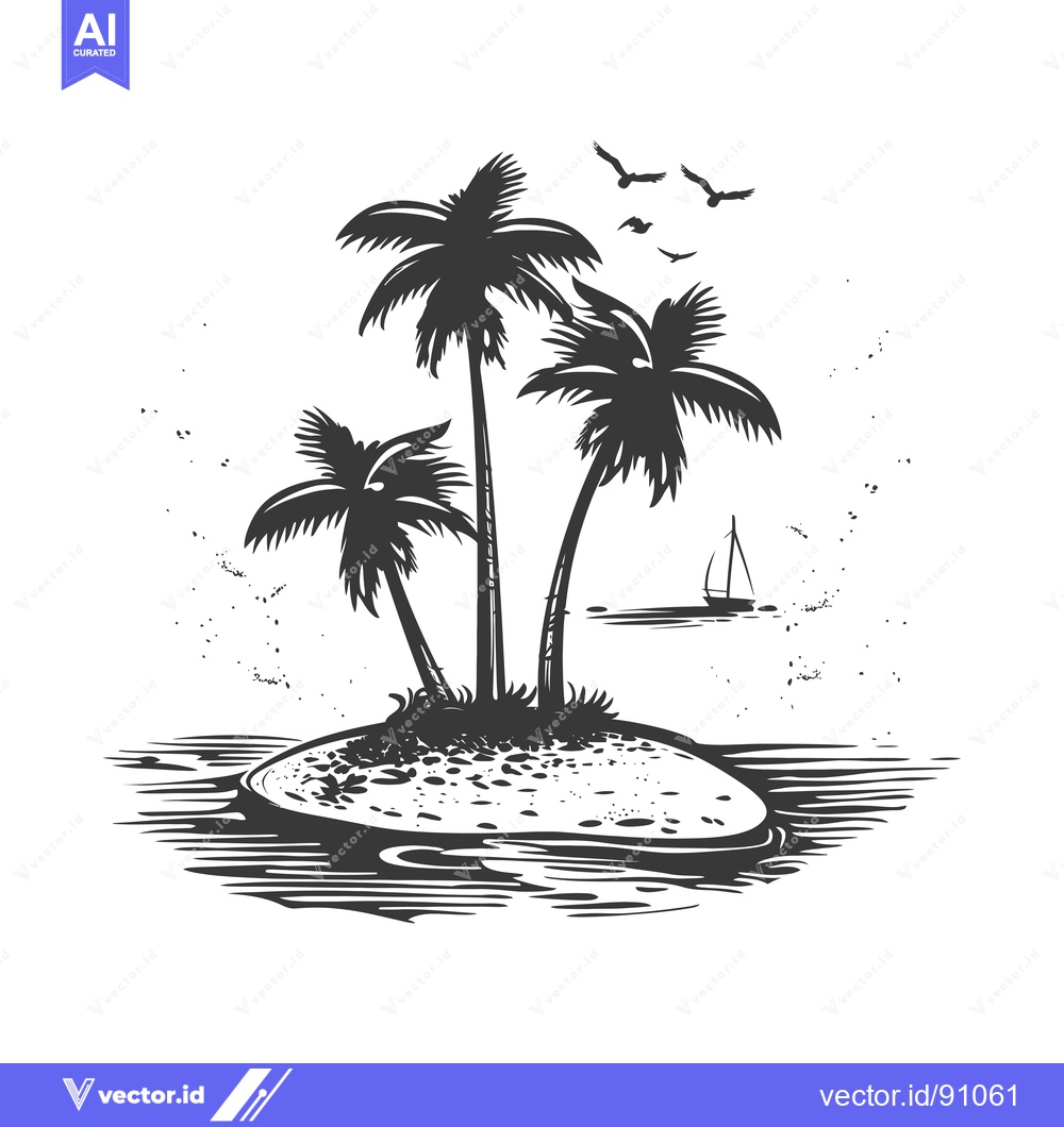 Premium Vector of Palm Trees on a Small Island with a Sailboat in the Distance