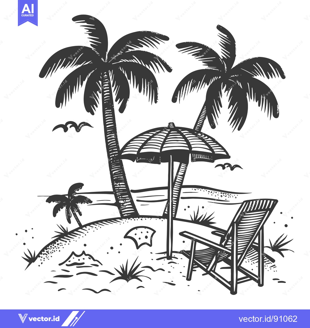 Premium Vector of Palm Trees, Umbrella, and Beach Chair on a Sandy Beach