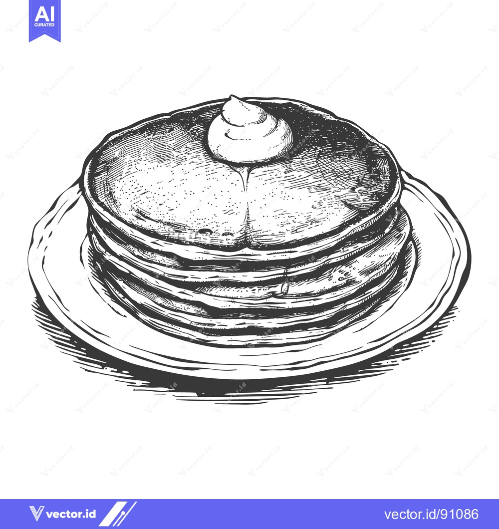Premium Vector dari A stack of pancakes with cream and drizzling syrup on a plate