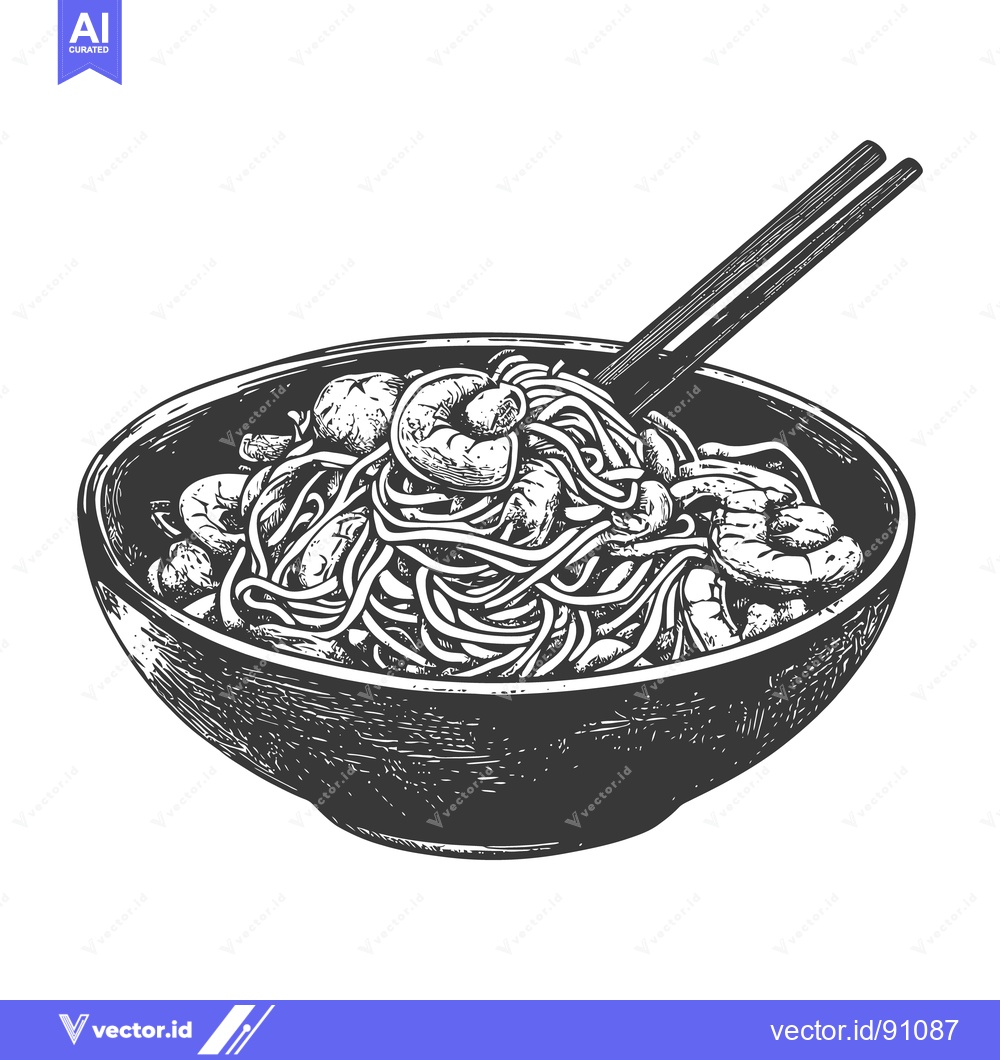 Premium Vector dari Bowl of noodles with shrimp and chopsticks in illustrative style