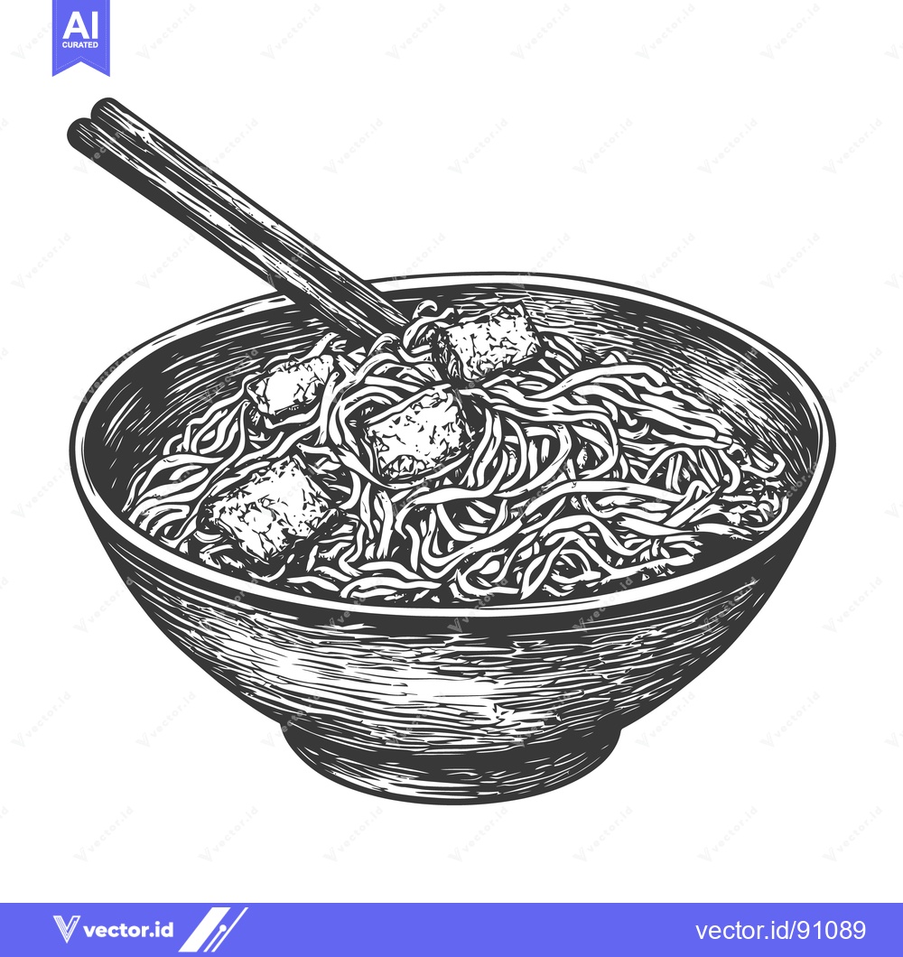 Premium Vector dari A bowl of noodles with tofu and chopsticks is depicted