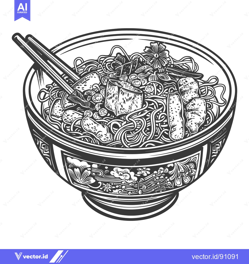 Premium Vector dari A detailed illustration of a bowl containing noodles and various ingre
