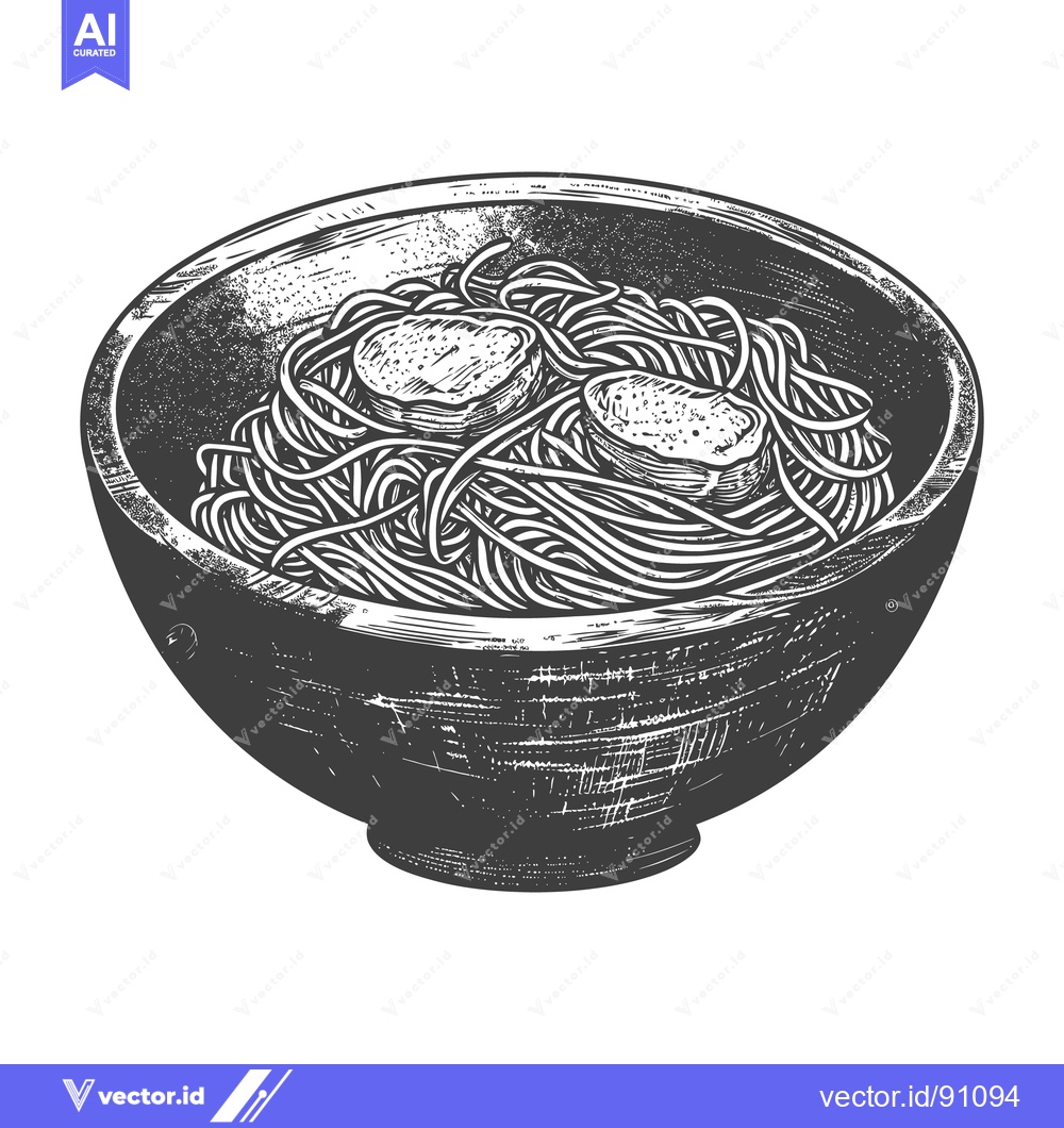 Premium Vector of A wooden bowl filled with noodles and round slices