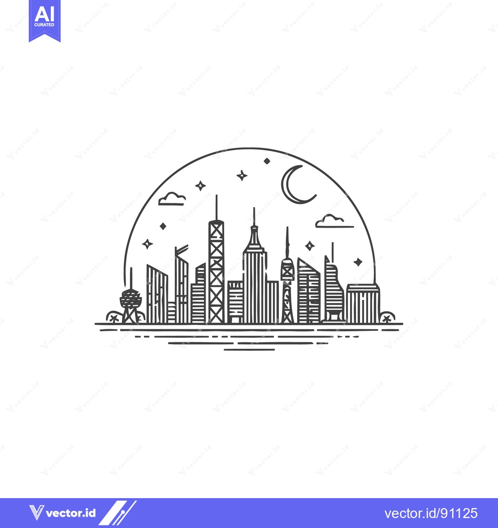 Premium Vector dari Minimalist Cityscape Line Art with Moon and Stars on White Background