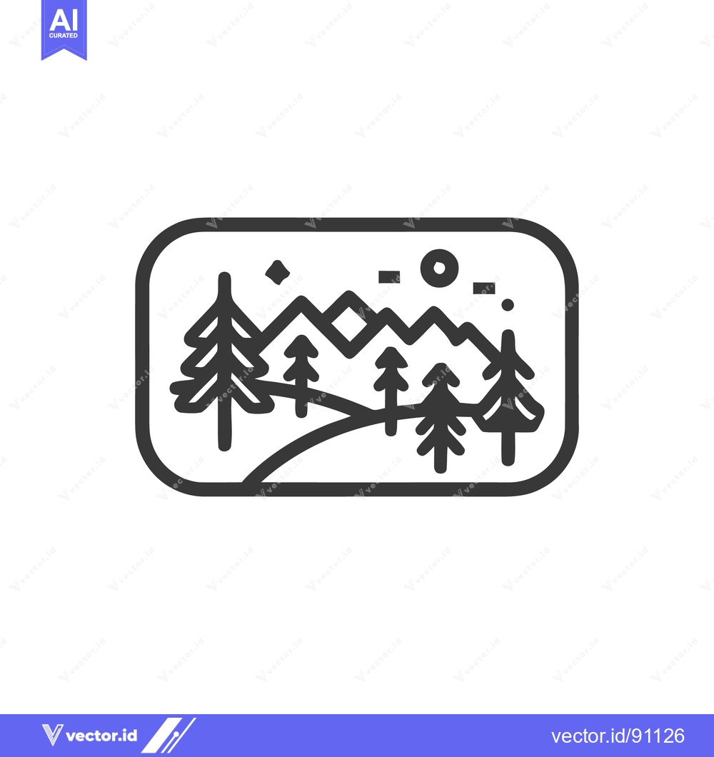 Premium Vector dari Minimalist Mountain Landscape Icon with Pine Trees and Celestial Eleme