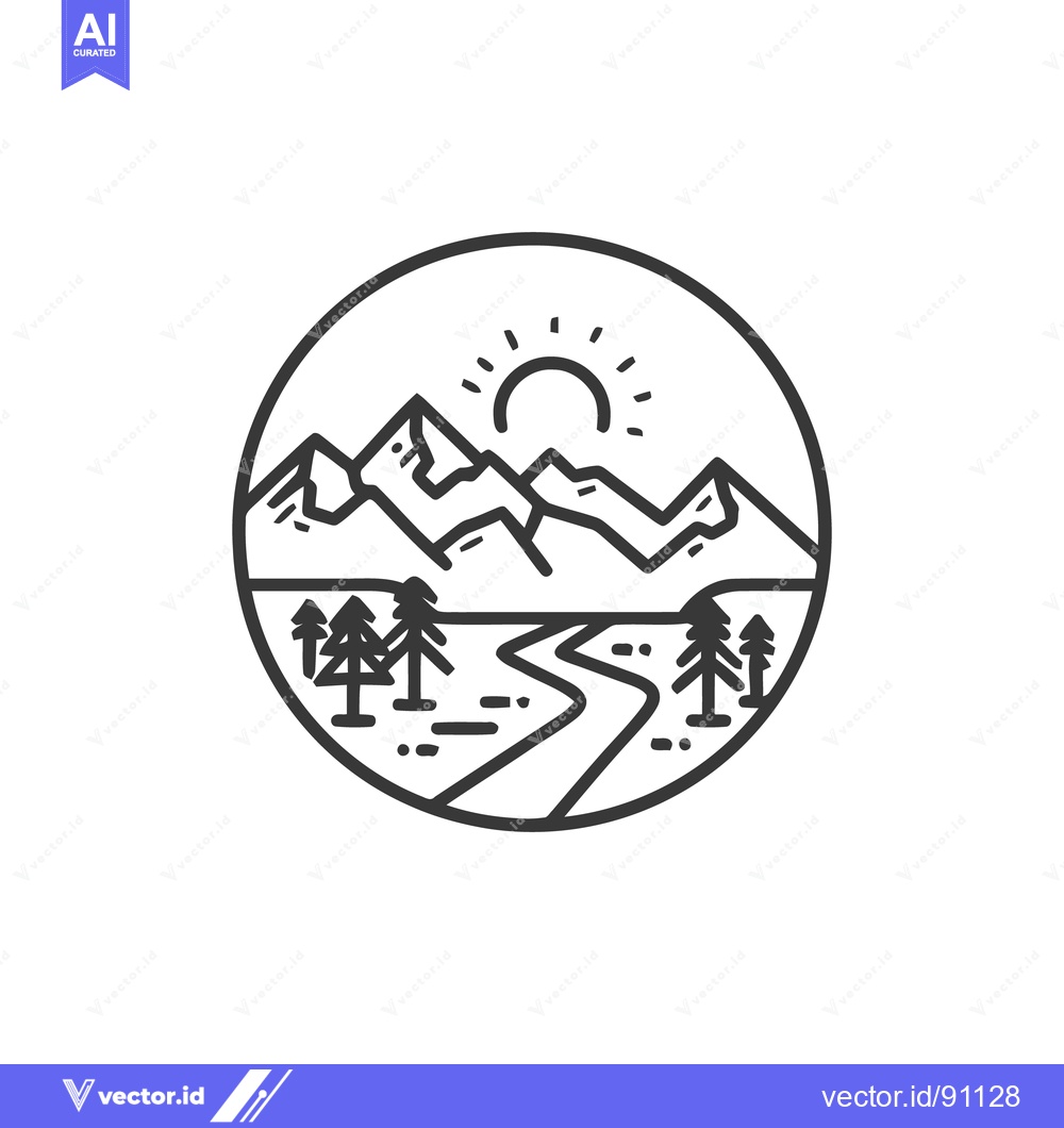 Premium Vector of Minimalist Mountain Landscape with Winding River and Rising Sun in Cir