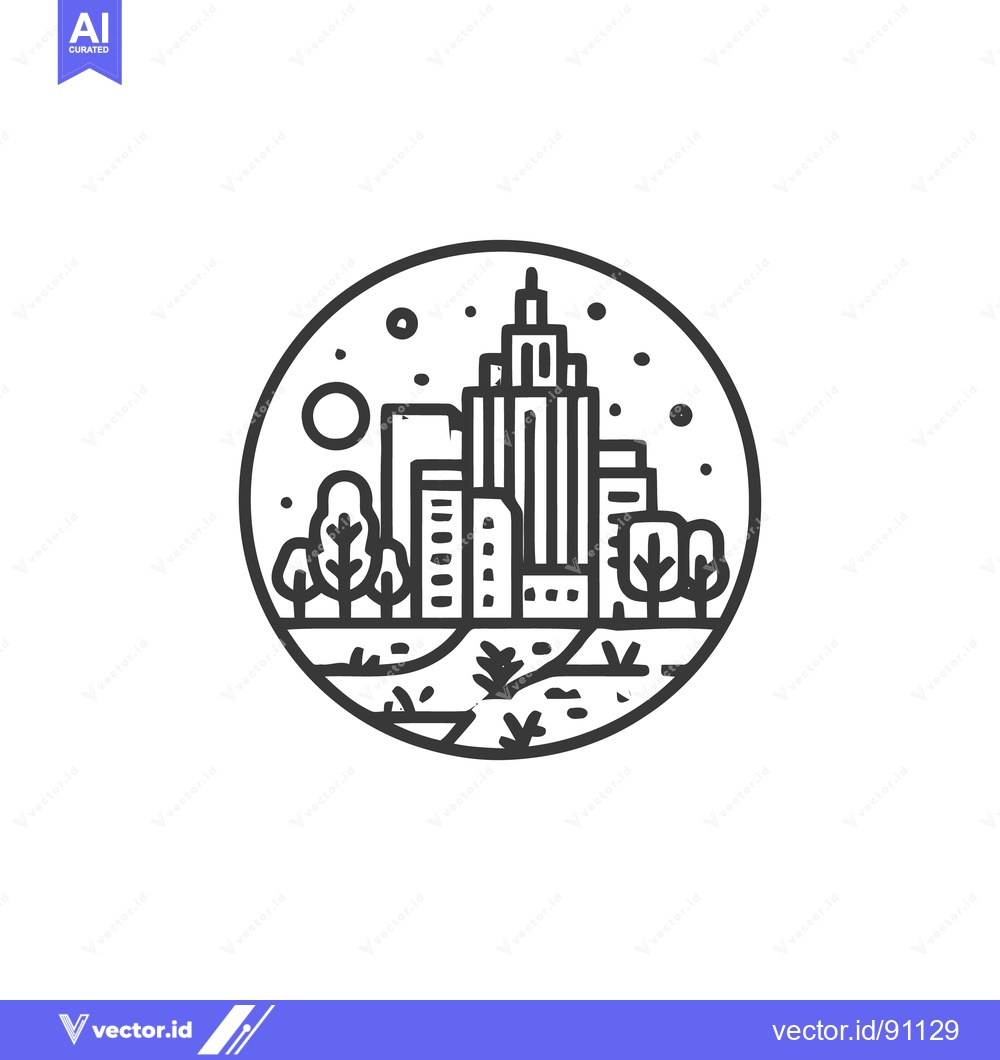 Premium Vector dari Minimalist Cityscape in Circle: Buildings, Nature, and Celestial Eleme