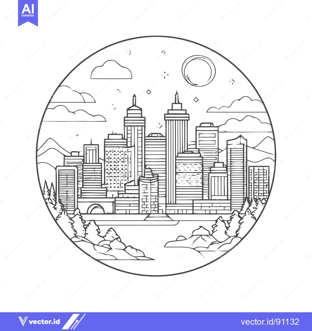 Premium Vector dari Minimalist Cityscape Line Art in Circle Frame with Nature Elements