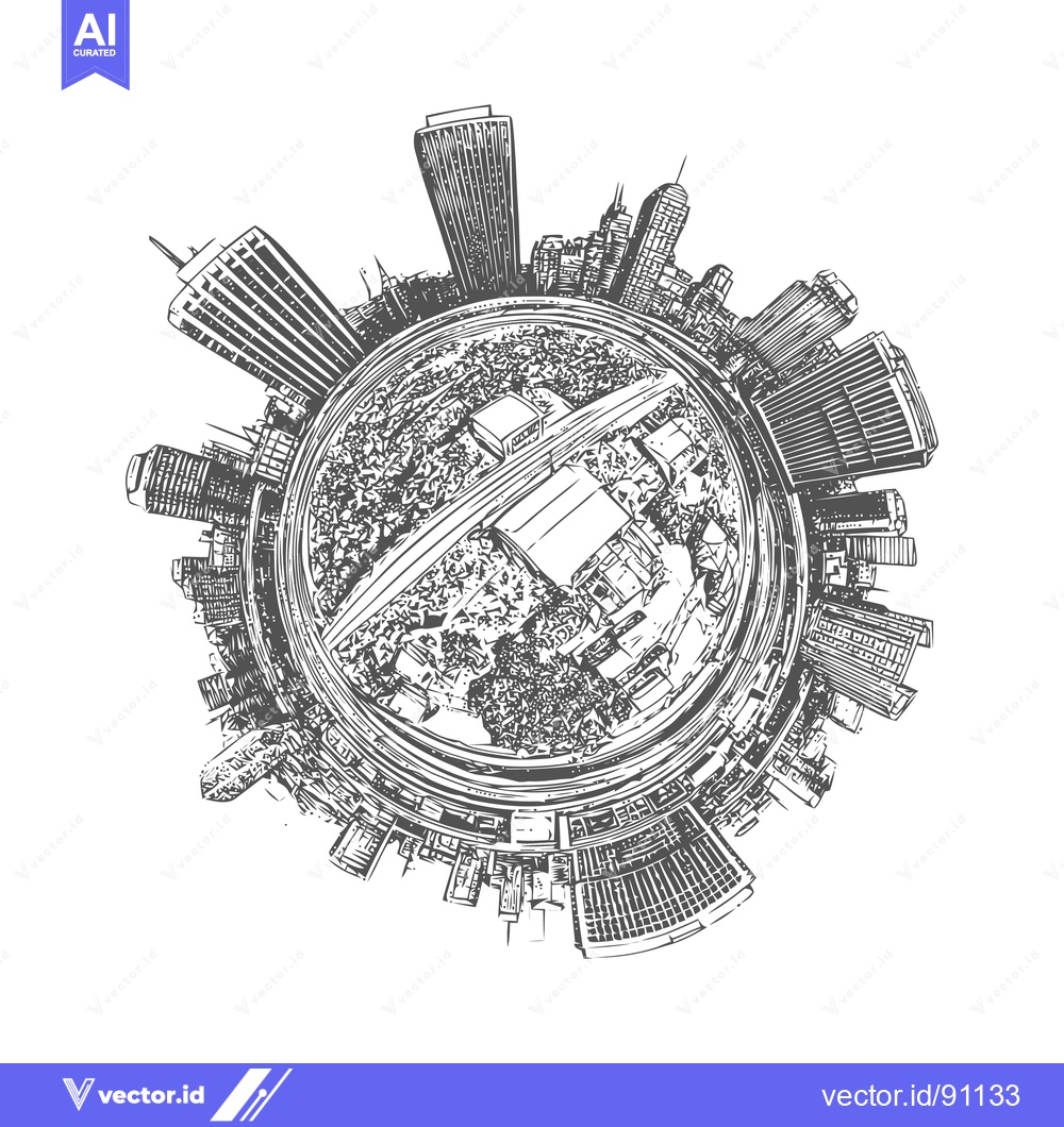 Premium Vector of Urban Globe: Detailed Sketch of a Cityscape in Spherical Perspective