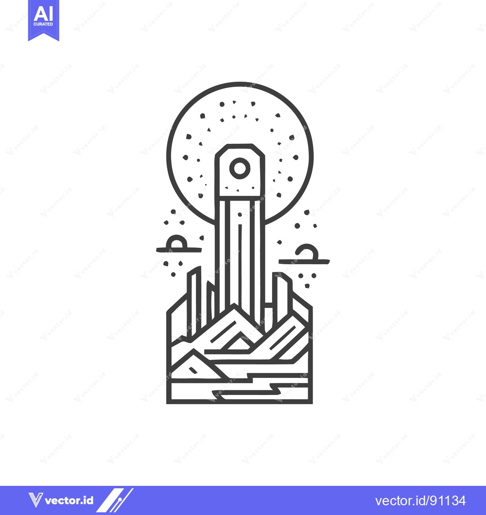 Premium Vector dari Minimalist Tower Landscape Under Dotted Moon, Line Art Illustration