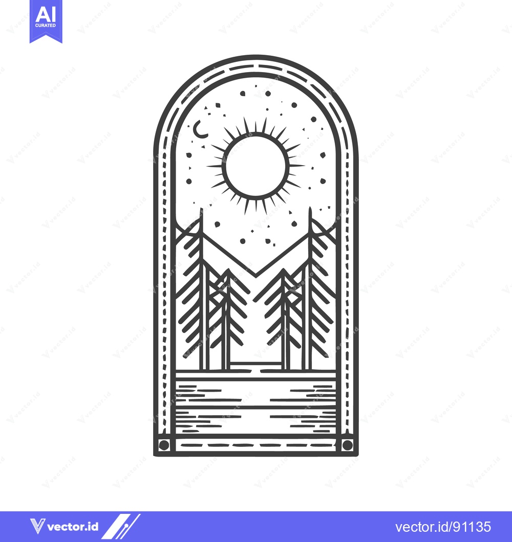 Premium Vector dari Minimalist Forest Landscape with Sun and Moon, Line Art Illustration