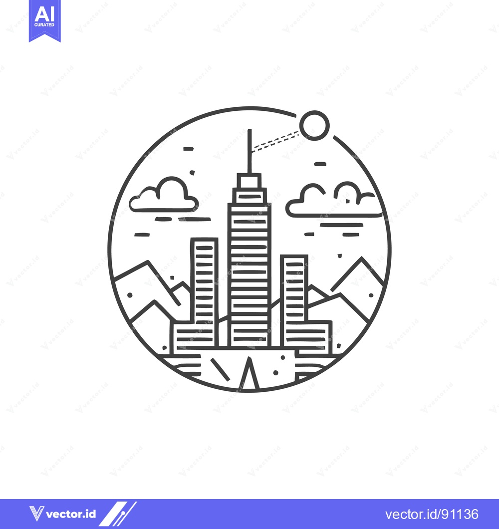 Premium Vector dari Minimalist Cityscape Line Art with Mountains and Sun in Circle Frame