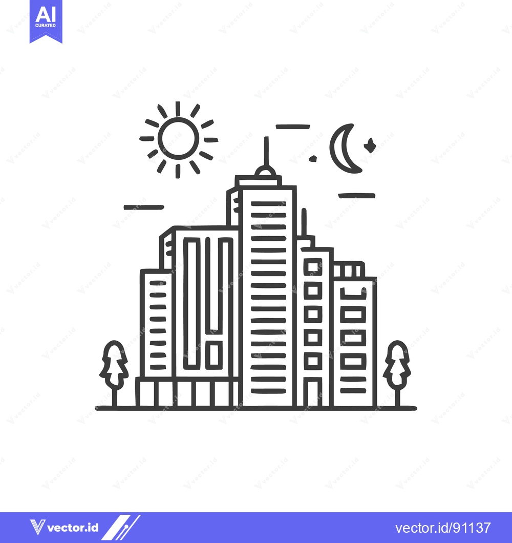 Premium Vector of Minimalist Cityscape Icon with Day and Night, Linear Style
