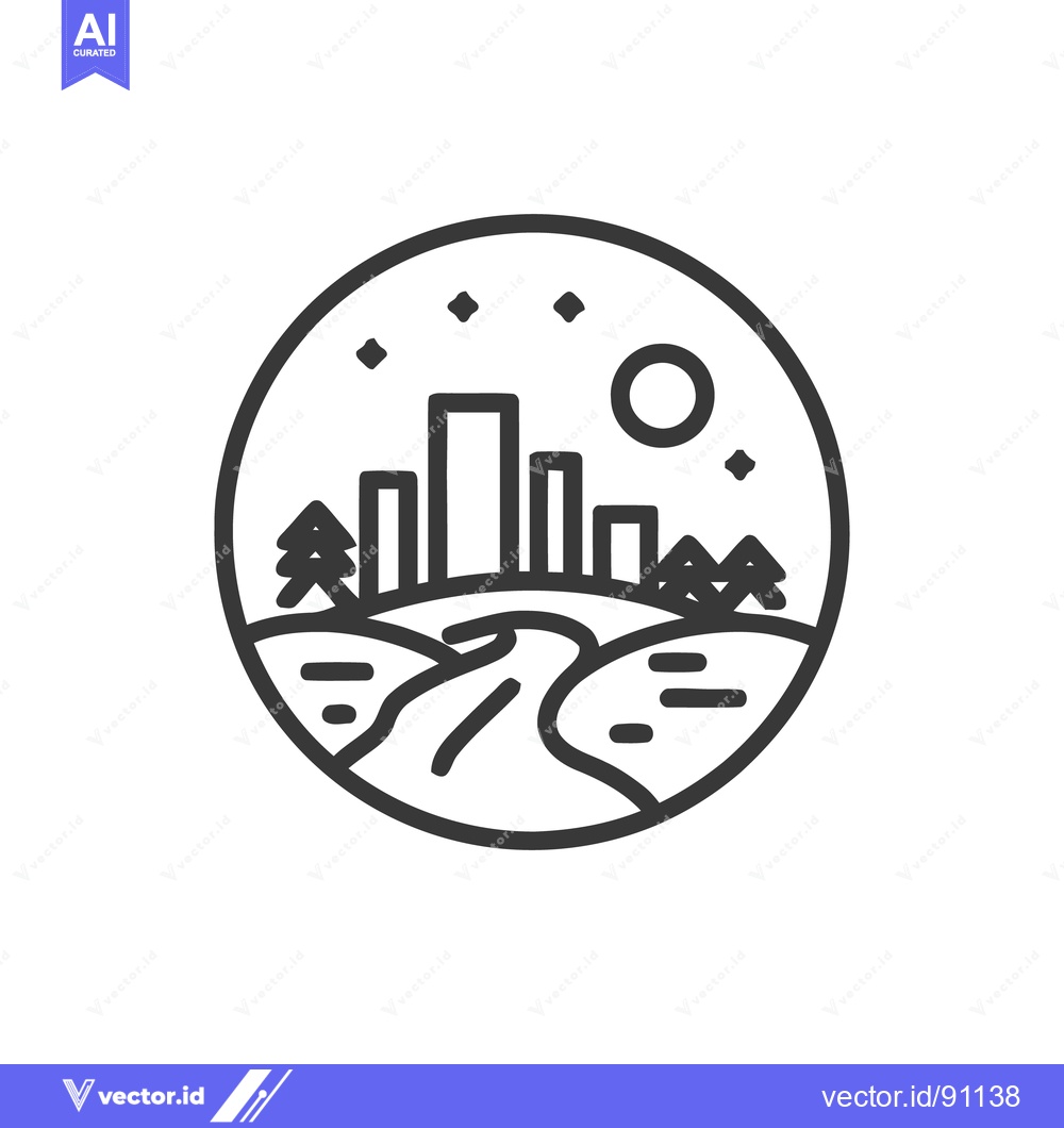 Premium Vector dari Minimalist Cityscape Icon with River, Trees, and Moon in Circular Fram