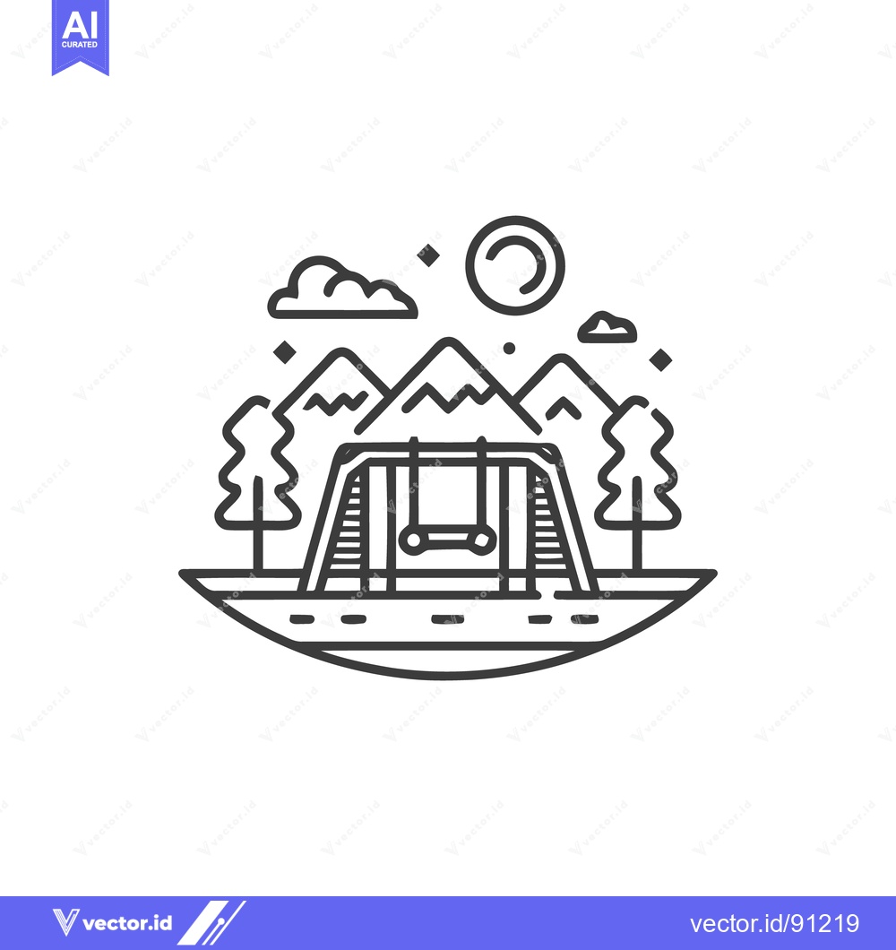 Premium Vector of Minimalist Playground Landscape with Swing Set, Mountains, and Trees i