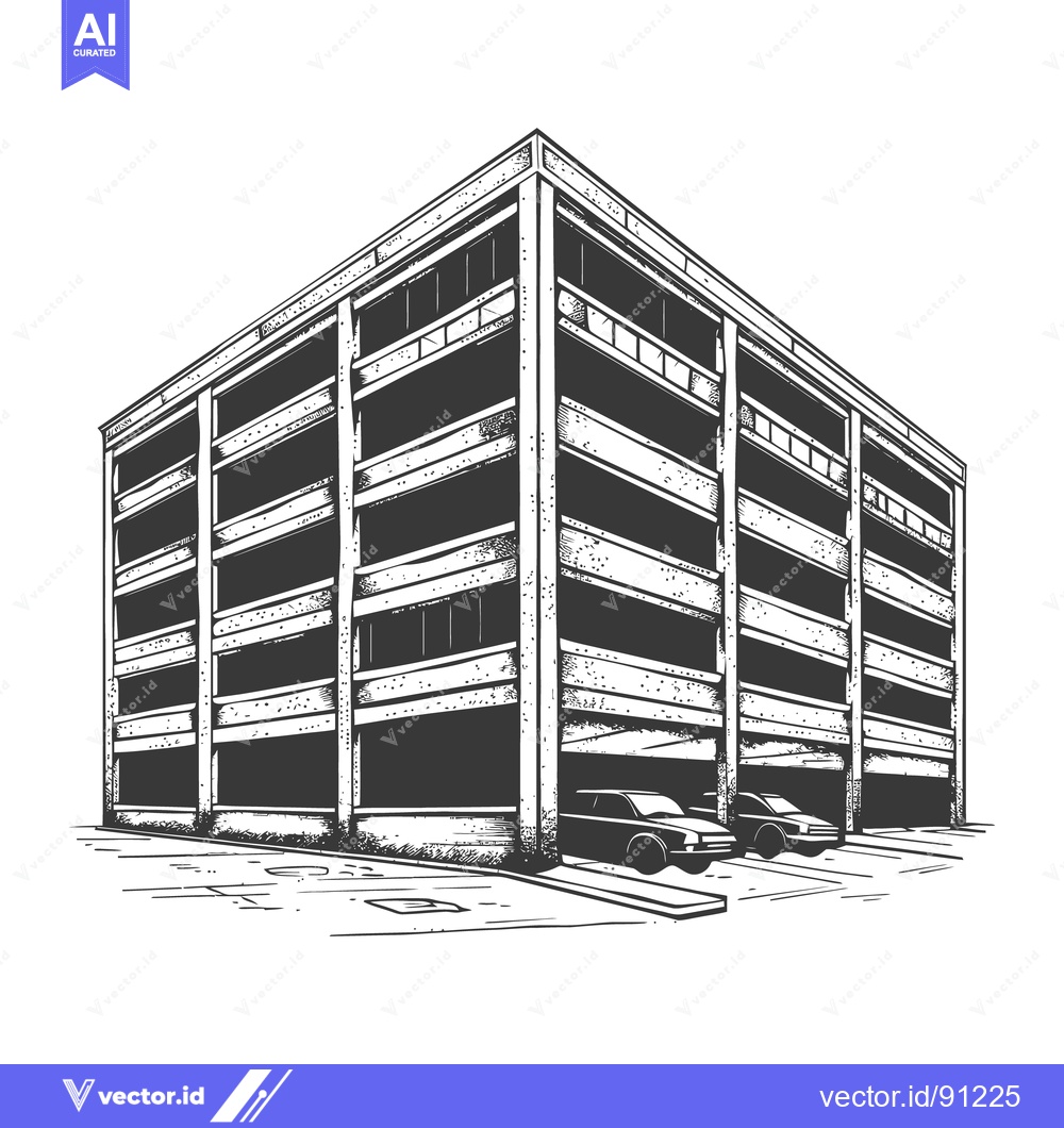 Premium Vector dari A multi level parking garage with two parked vehicles in front