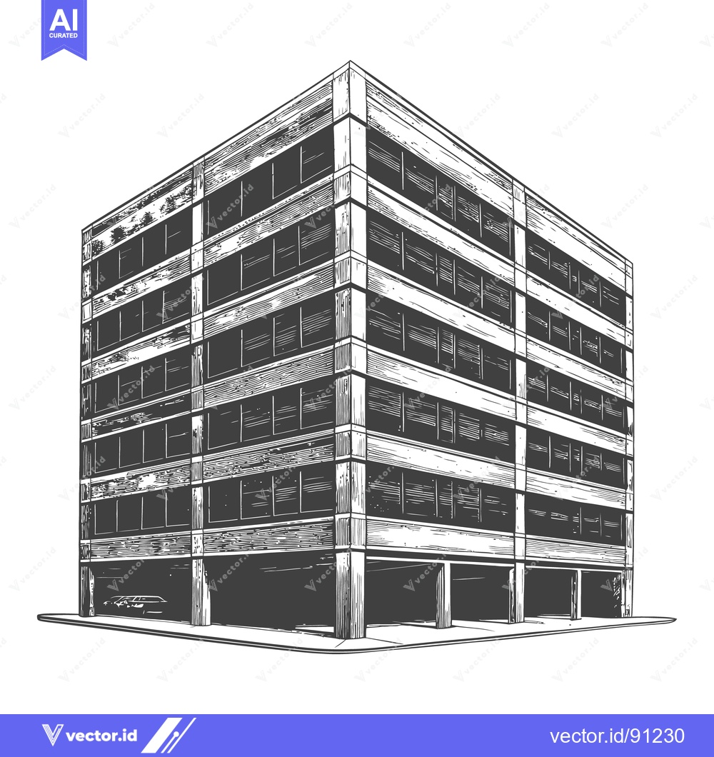Premium Vector of A detailed artistic illustration of a modern concrete office building