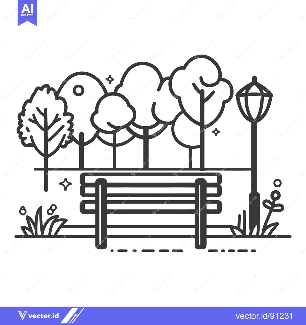 Premium Vector of A stylized illustration depicts a park scene with trees and a bench