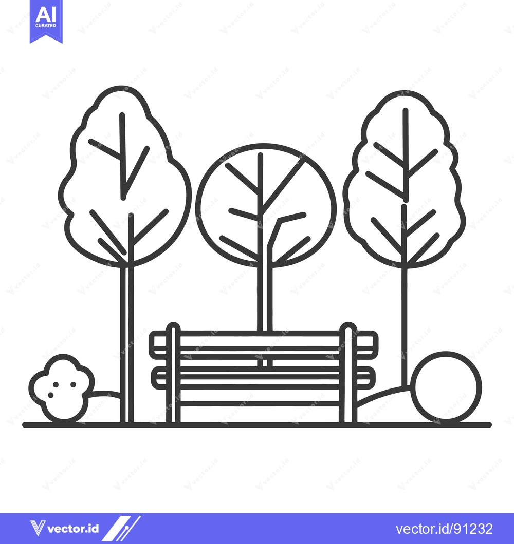 Premium Vector dari A black and white illustration of a park scene with trees and bench