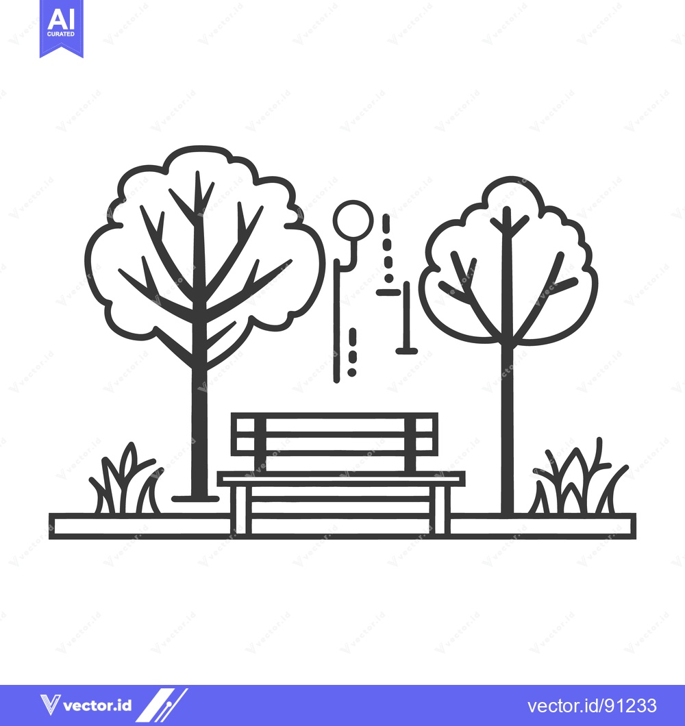 Premium Vector dari A stylized outline shows a park scene with trees and bench