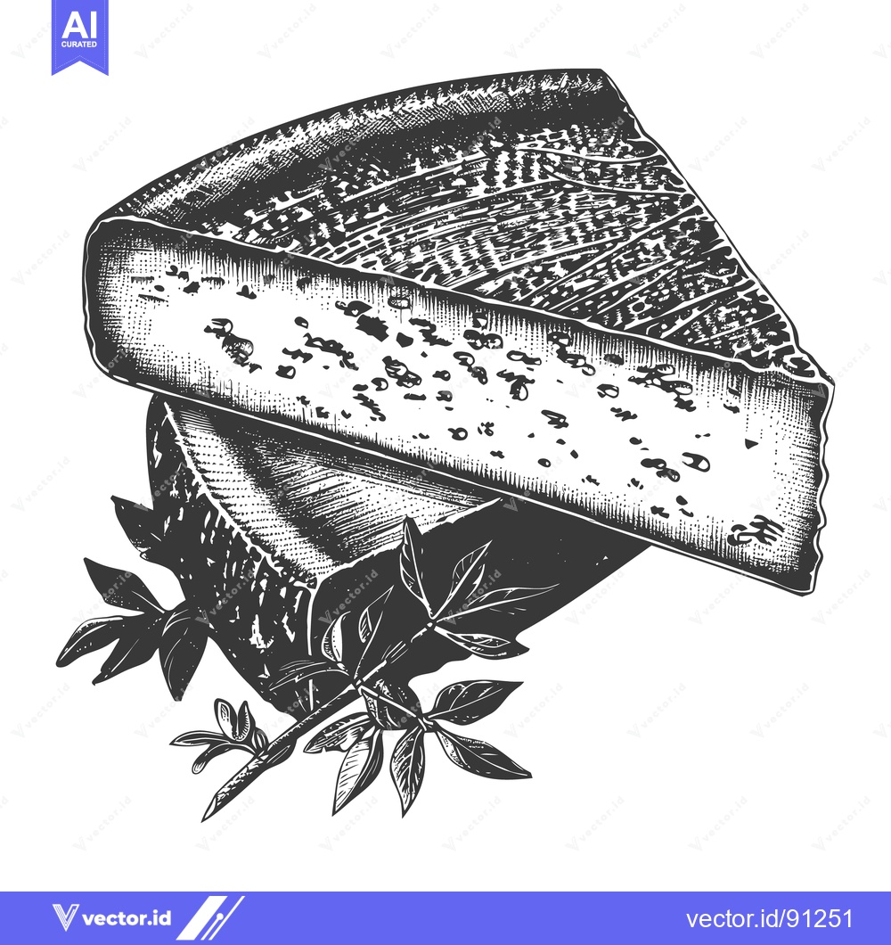 Premium Vector of A detailed drawing of a cheese wedge with leaves beneath it