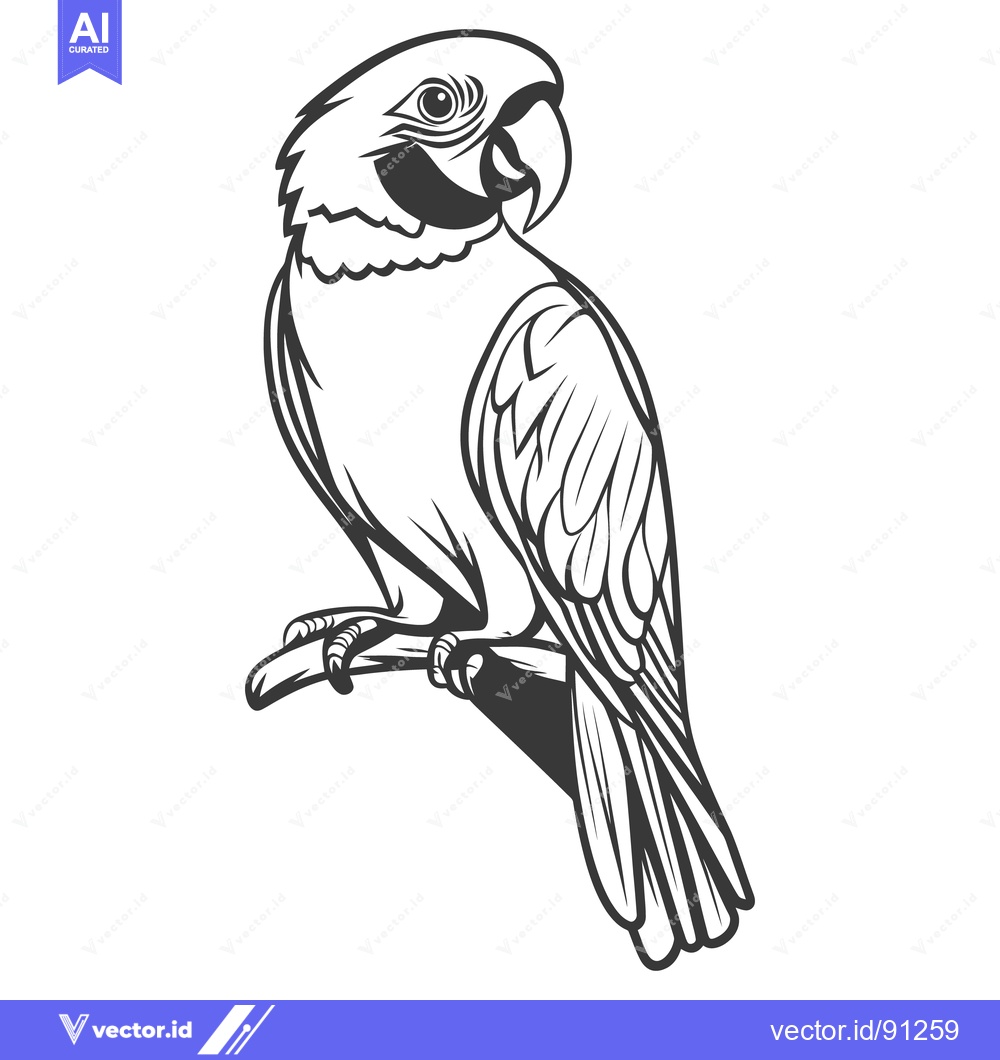 Premium Vector dari A black and white illustration of a parrot perched on a branch